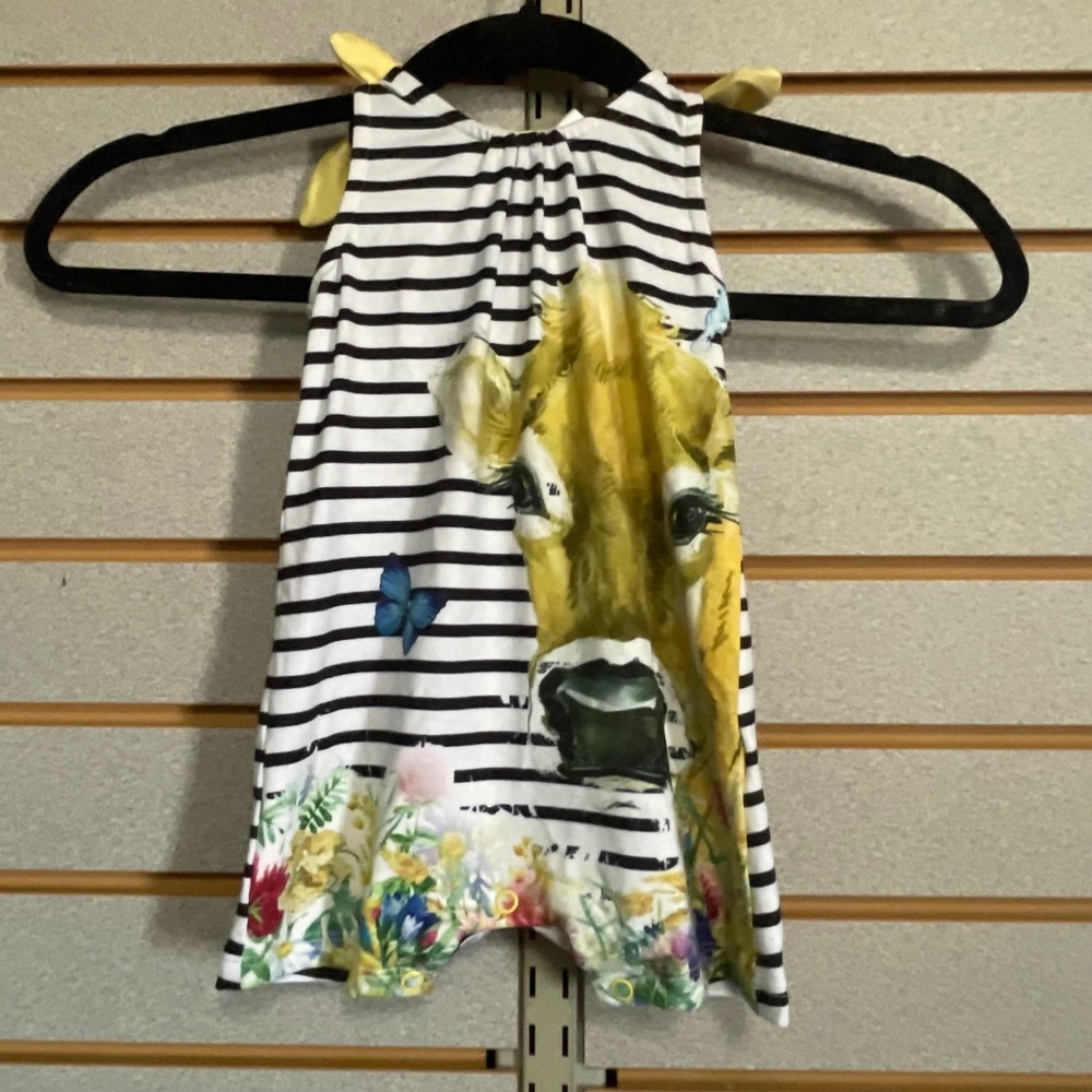 Penelope Plumm Boutique Baby Girls Cow Floral Striped Romper Yellow Ties 0-3 M